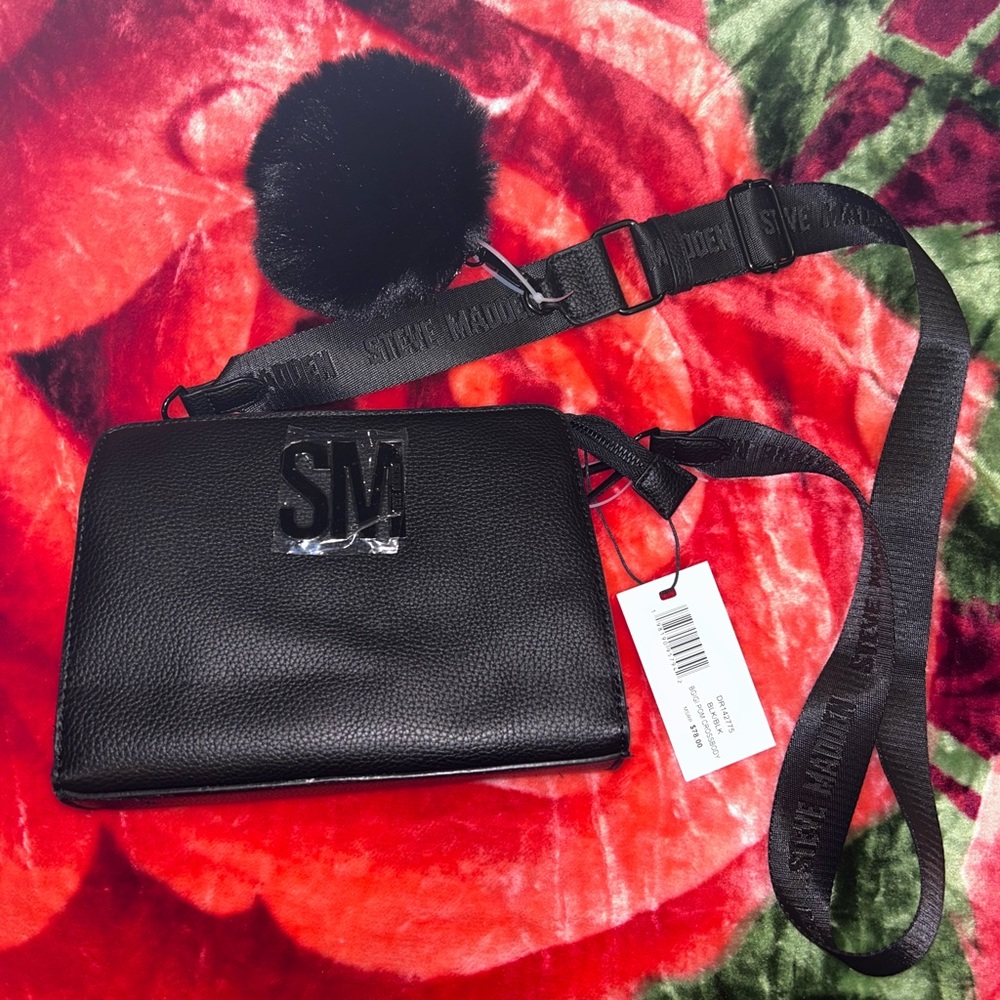 Steve Madden Black Textured Crossbody Bag with PomPom